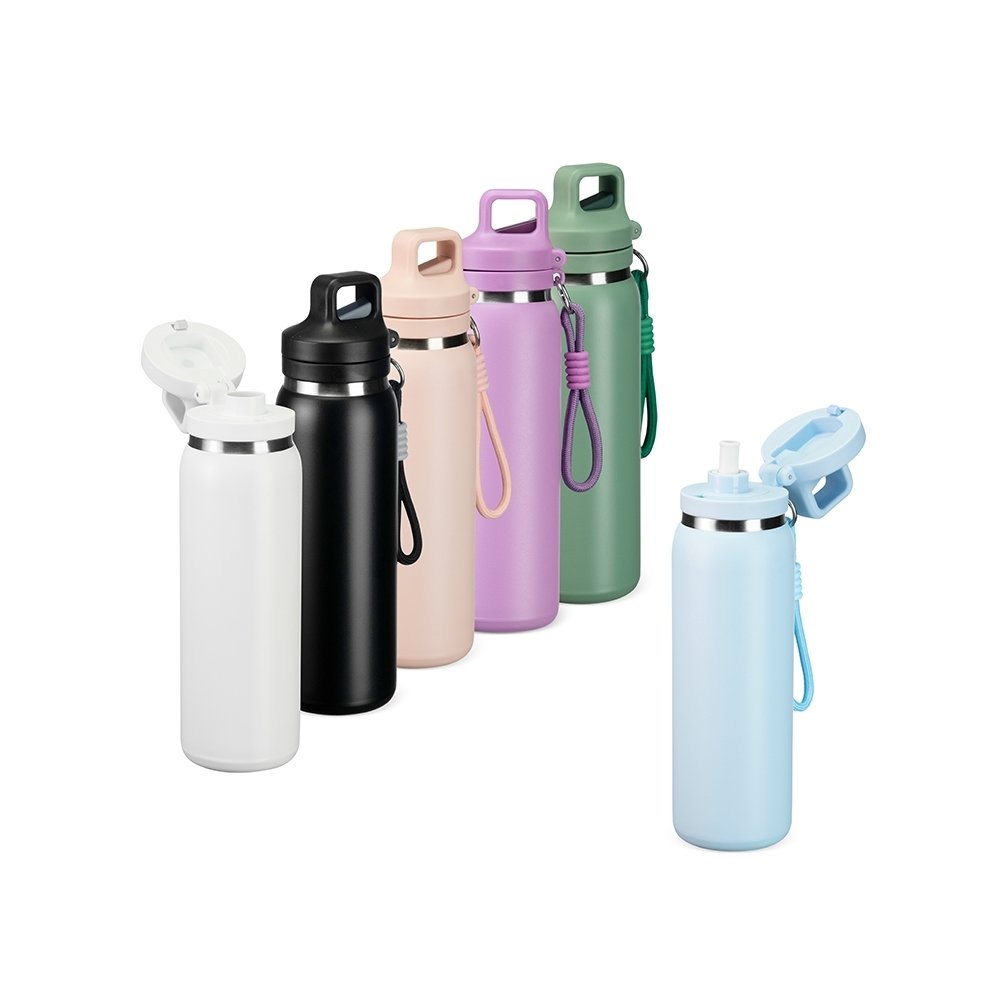 Garrafa Térmica Personalizável 600 ml em Inox com Canudo e Mosquetão com Tampa